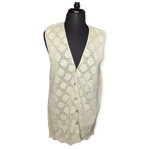 Vintage In Charge Light Tan Crochet Sleeveless Cardigan Size Large Juniors